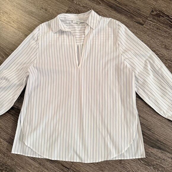 Vince Women's White Burgundy Blue Pin Stripe Popover Blouse - Picture 3 of 9